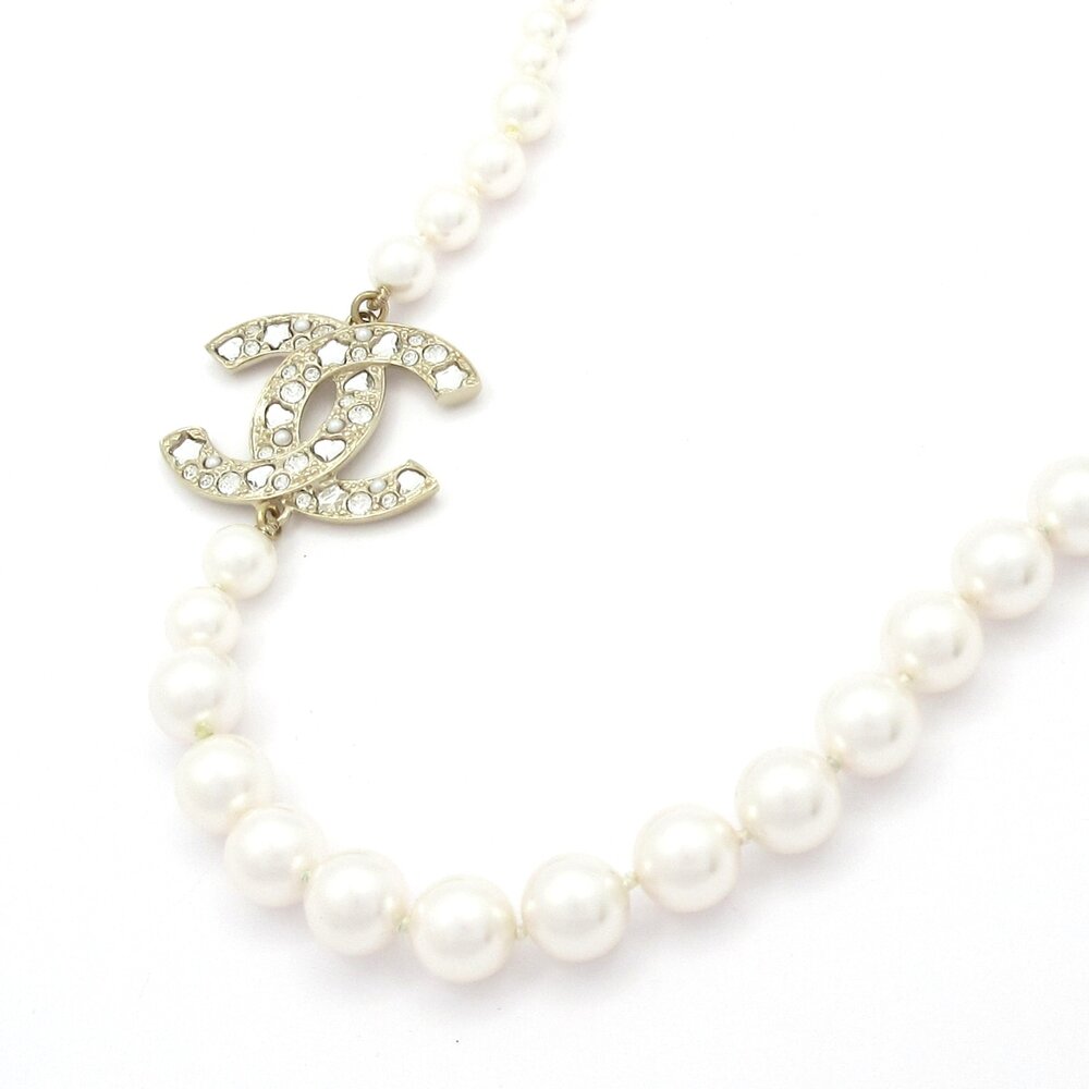 Chanel Necklace Cream Gold Clear Faux Pearl Hardware Rhinestones